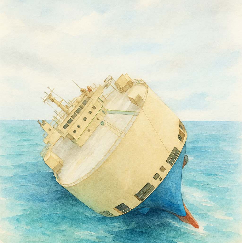 dream illustration of a cargo ship tipping over but not sinking