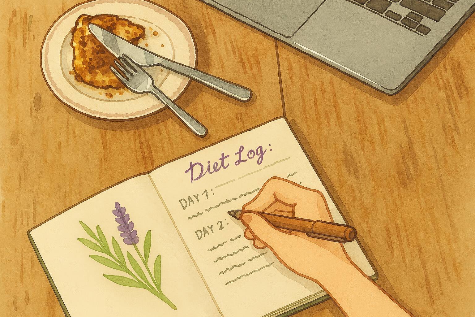 Handwriting a carnivore diet log in a journal next to a meal and laptop