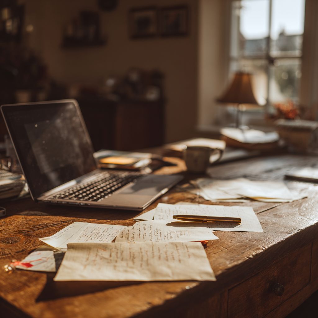 A cluttered desk with notes and laptop — symbolizing overthinking before starting