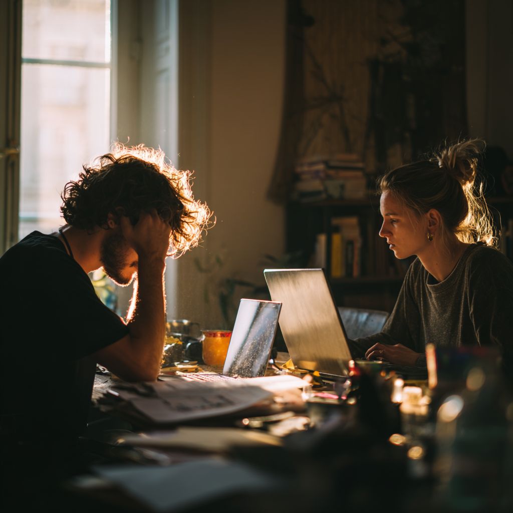 Two people in deep work mode, overwhelmed by planning instead of action