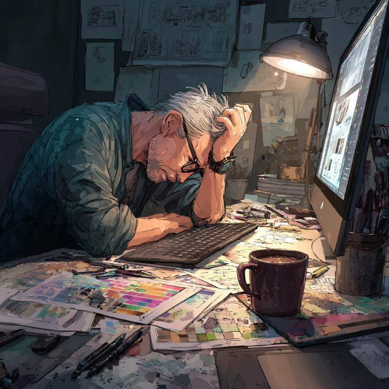 Illustration of an exhausted creative professional — trapped in perfectionism