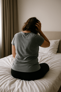 Exhausted woman sitting on bed, struggling with post-pregnancy weight