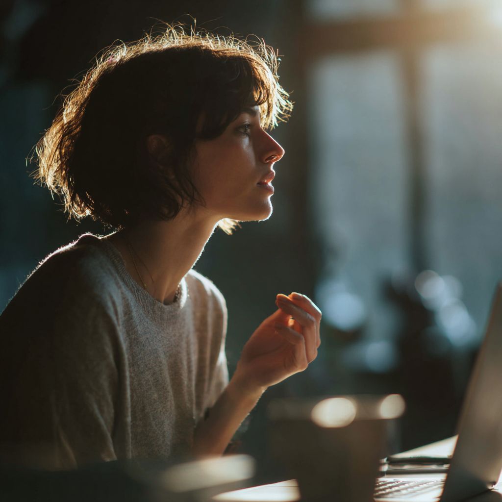 Woman staring at laptop in soft light, deep in thought about taking action