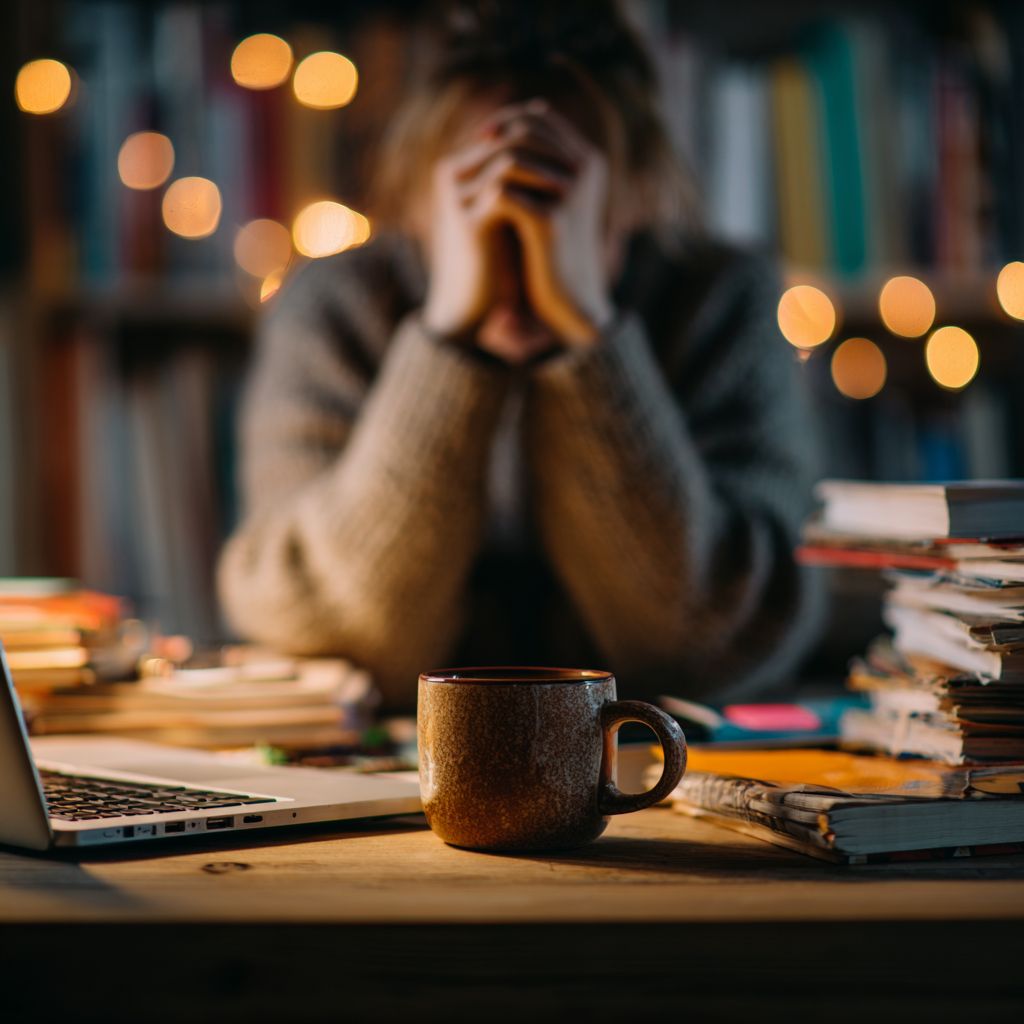 Person overwhelmed by information, head in hands at cluttered desk