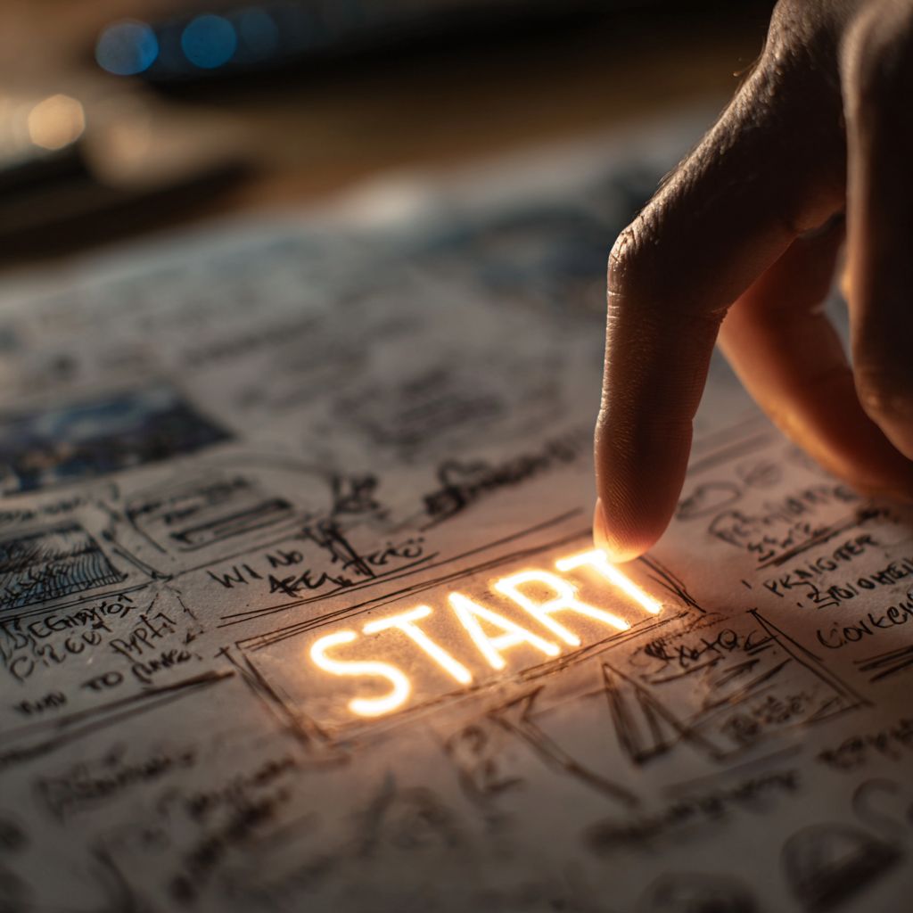 Finger pressing glowing START button on messy notebook, symbolizing action