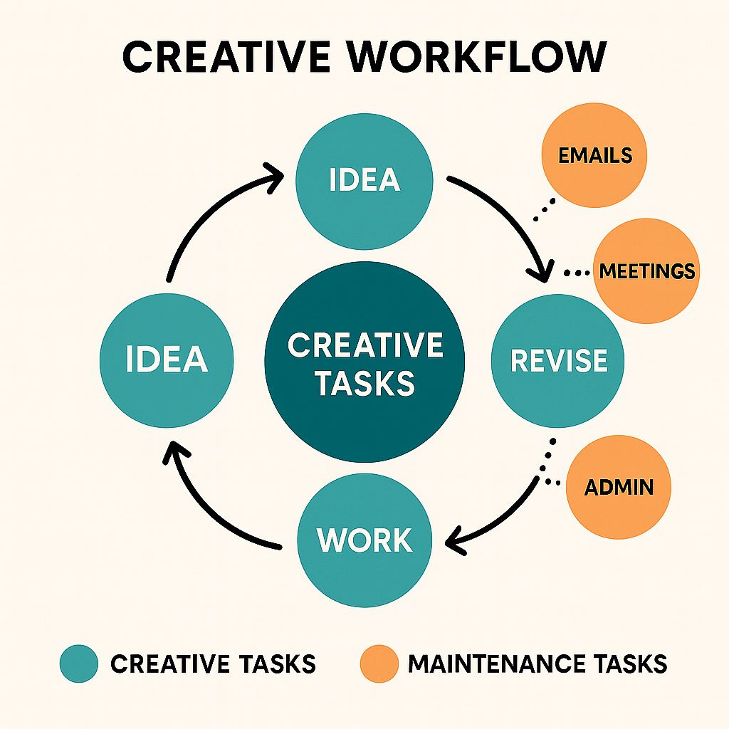 Visual diagram showing creative workflow with core creative tasks highlighted versus maintenance tasks that disrupt flow state