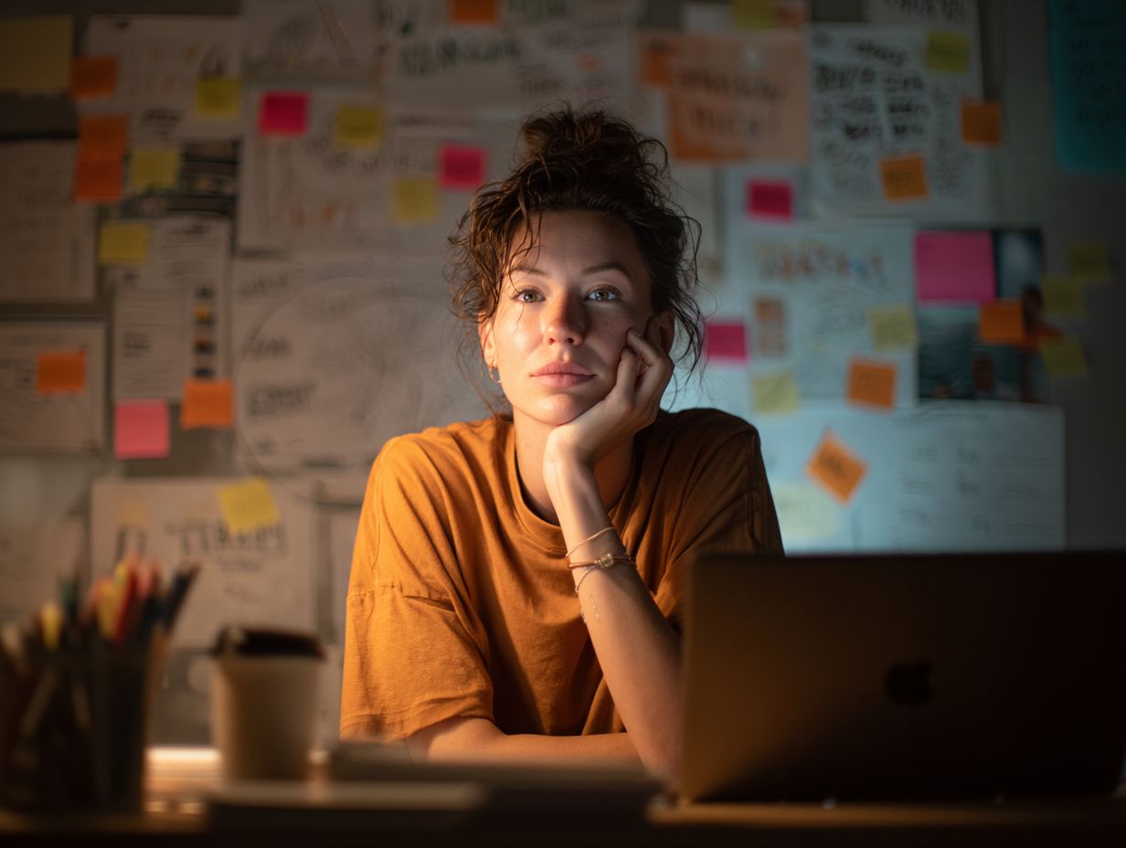 Solo content creator sitting at desk looking thoughtfully at team collaboration concepts on wall - charts, workflow diagrams, and growth metrics