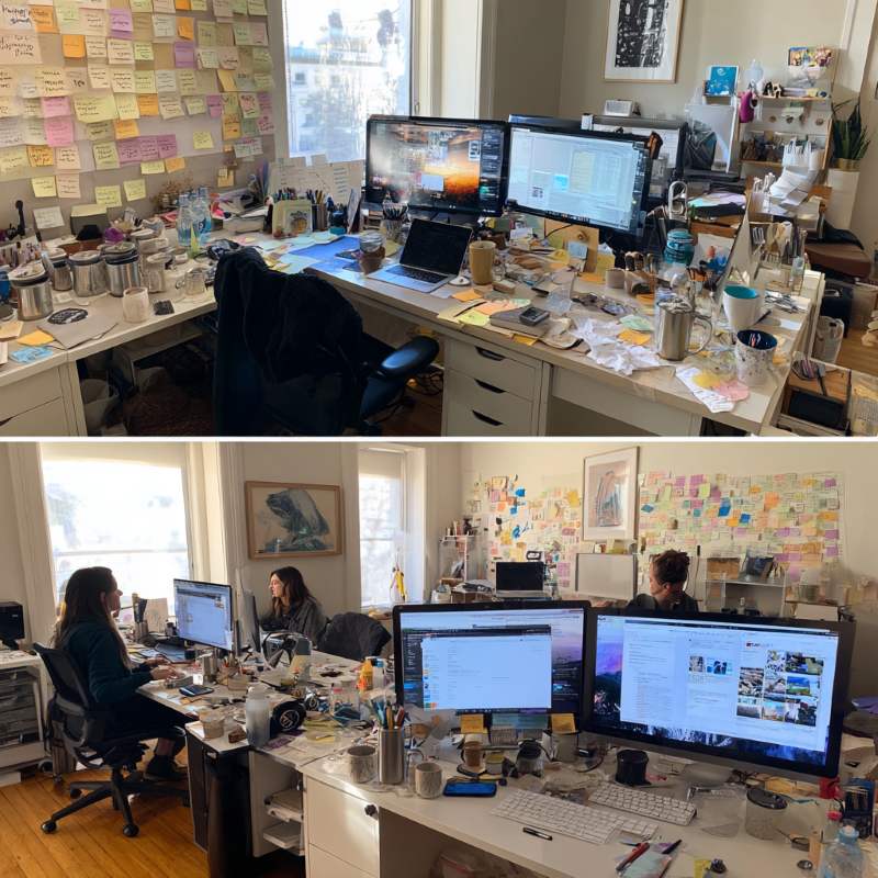 Before and after workspace comparison showing organized team collaboration with video editor, virtual assistant, and social media manager working efficiently