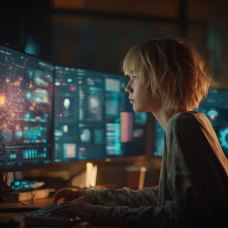 Content creator working with multiple AI interfaces showing brainstorming, writing, and visual creation happening simultaneously