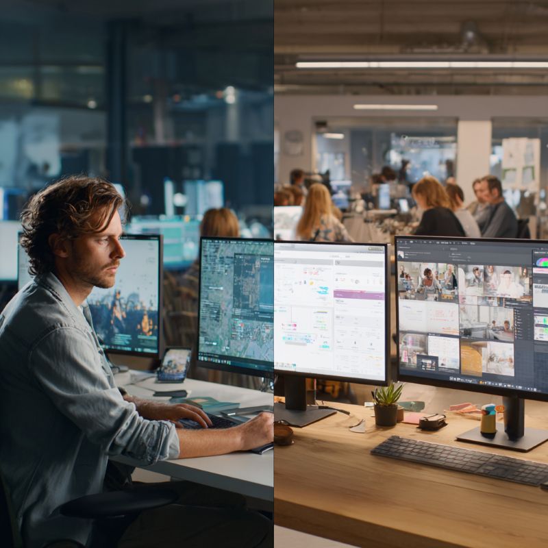 Split image showing limited personal capabilities versus expanded capabilities through team and systems access