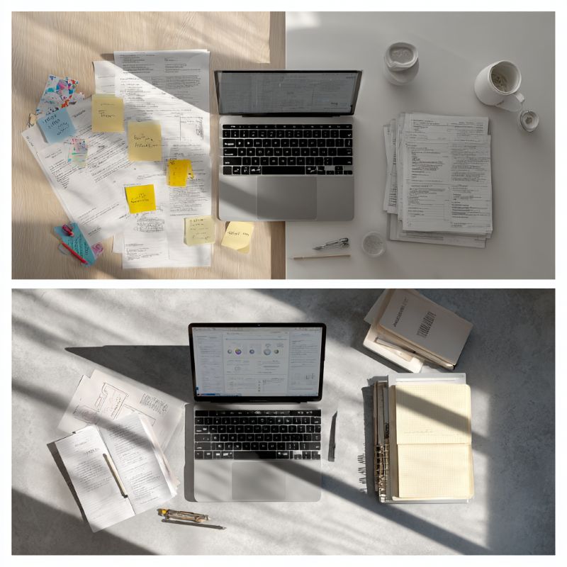 Before and after comparison: cluttered desk with endless plans versus clean workspace with completed projects and active creation