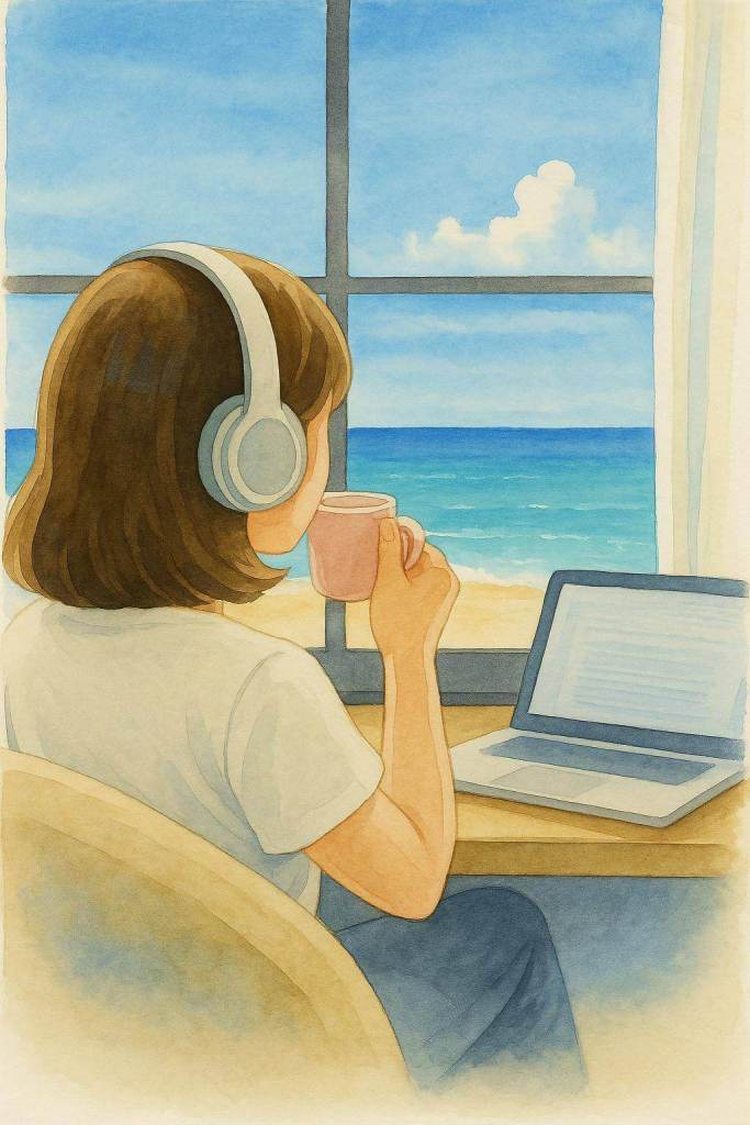 Woman wearing headphones drinking coffee while looking out a window at the ocean, sitting at a desk with a laptop.